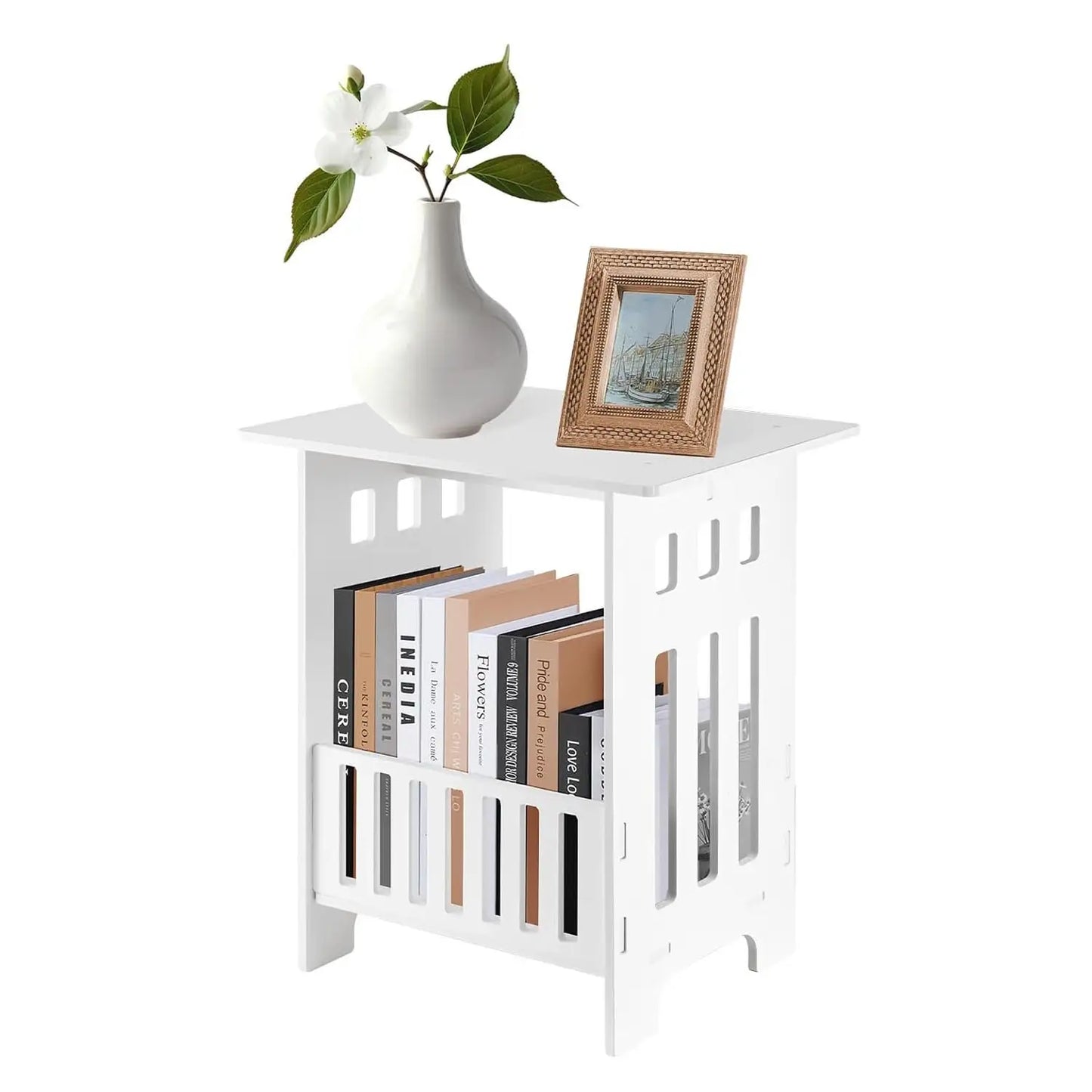 Multifunctional White Side Table - Small Coffee, Bedside & End Table with Storage Rack