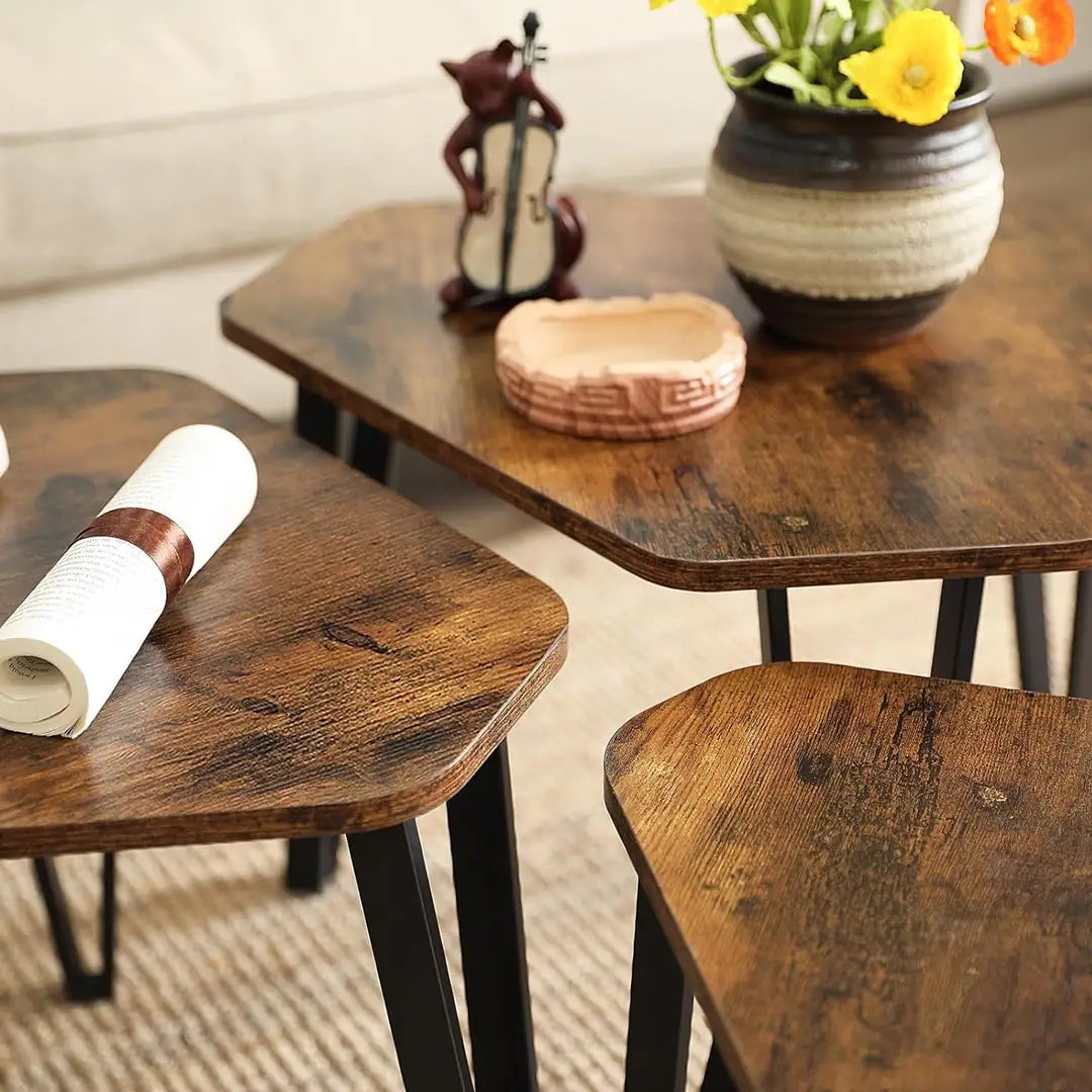 Nesting Coffee Table Set of 3 - Industrial Rustic Brown & Black Side Tables