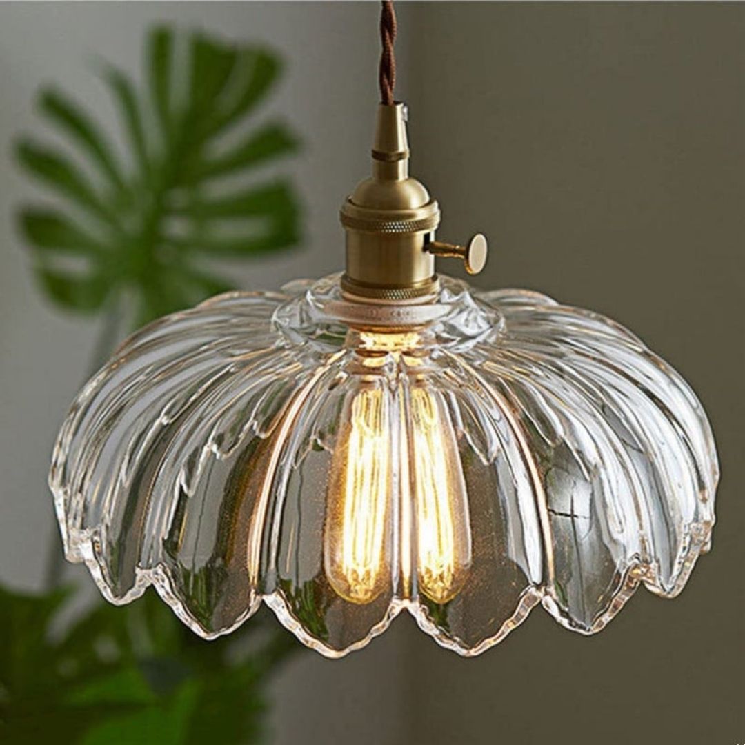 Vintage Floral Hanging Lamp - Glazed Glass Pendant with Elegant Copper Accents