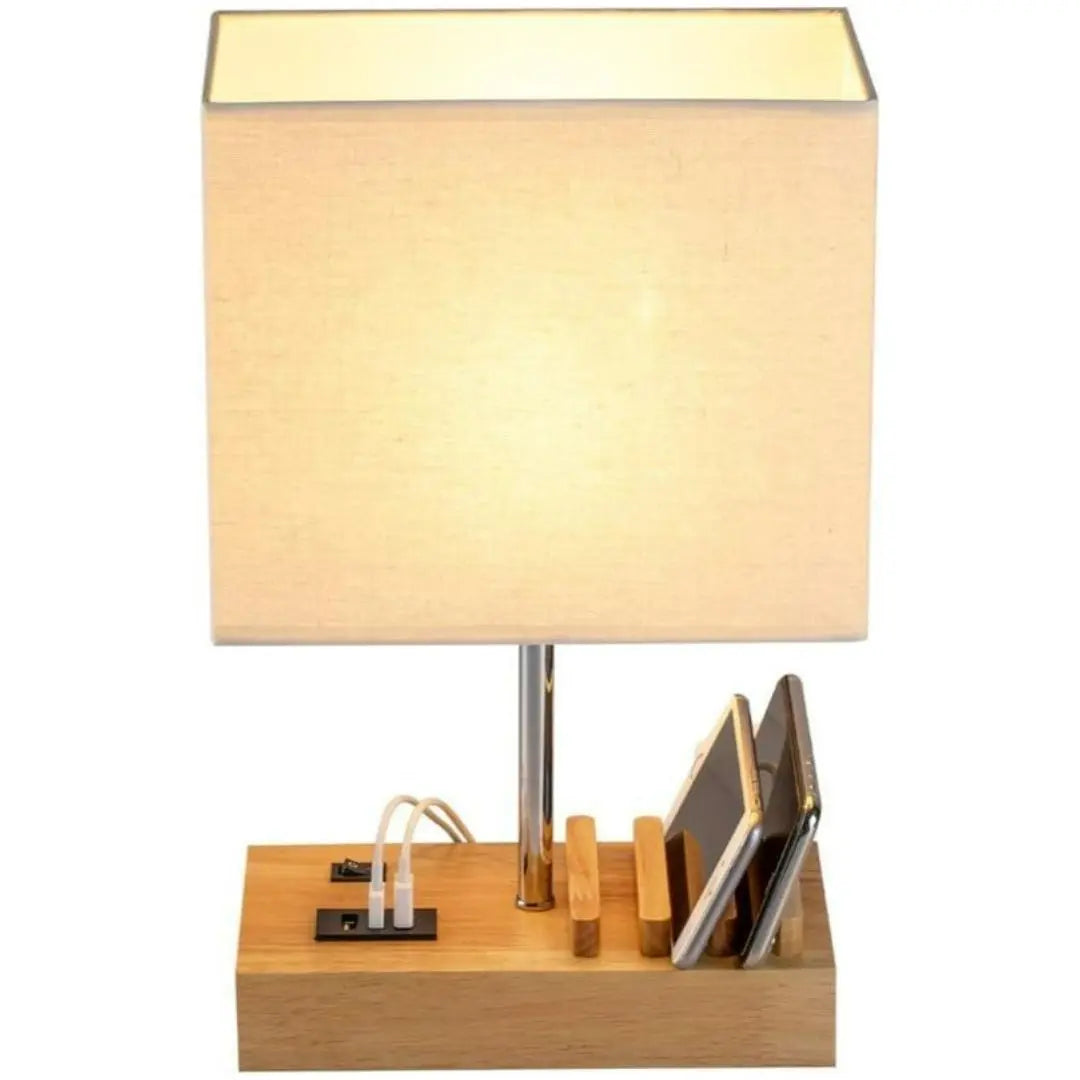 USB Desk Lamp - 3 USB Ports and Charging Dock with Wood Base and Linen Shade