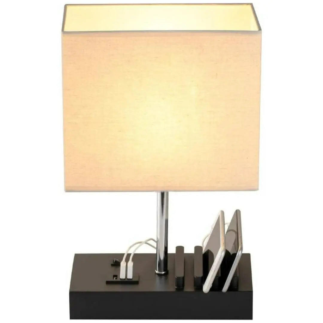 USB Desk Lamp - 3 USB Ports and Charging Dock with Wood Base and Linen Shade