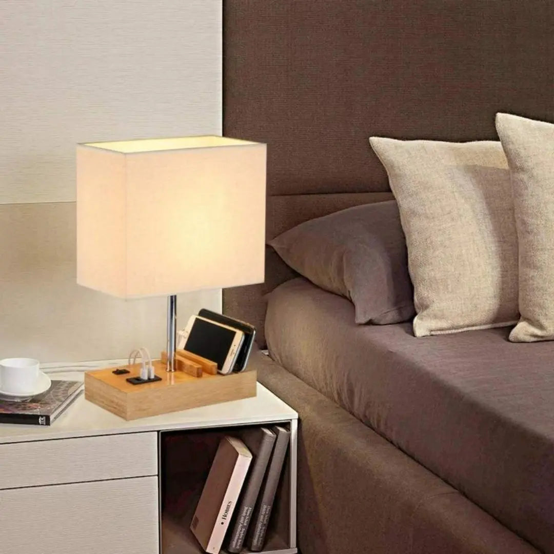USB Desk Lamp - 3 USB Ports and Charging Dock with Wood Base and Linen Shade