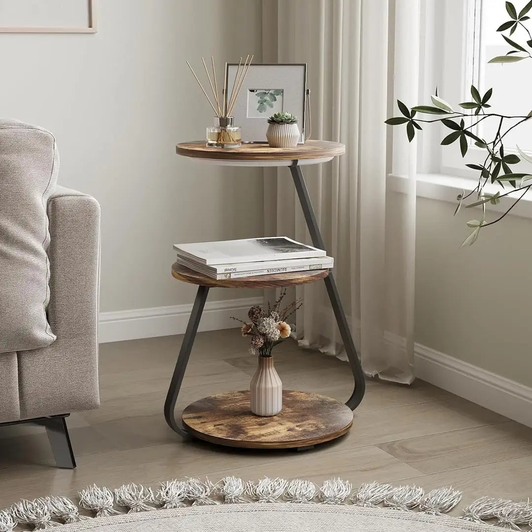 Round Side Table with 3 Tier Storage & 3 Color LED Lights