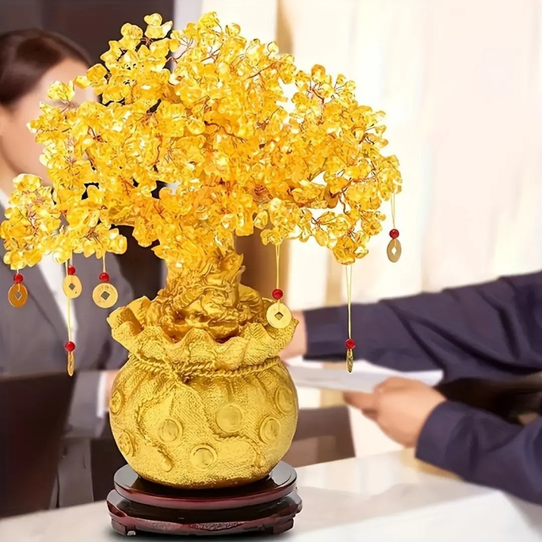 Resin Money Tree with Natural Crystal Leaves - Feng Shui Wealth and Prosperity Charm