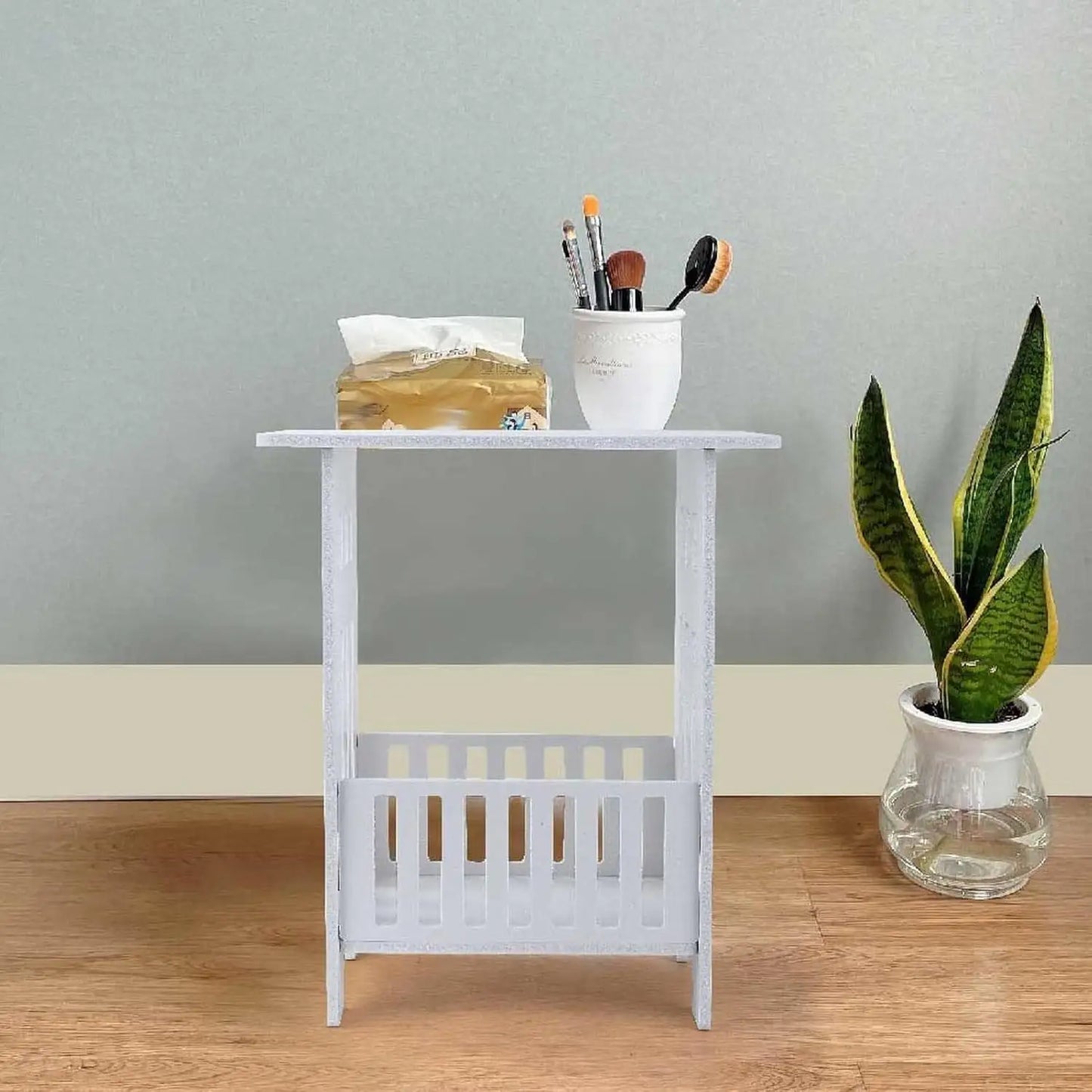 Multifunctional White Side Table - Small Coffee, Bedside & End Table with Storage Rack