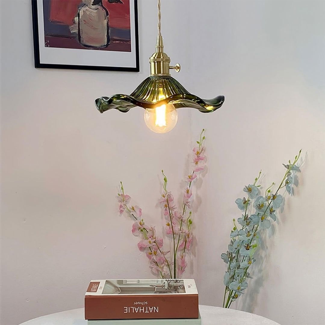 Hibiscus Bloom Glass Pendant - Vintage Floral Ceiling Light in Brass Finish