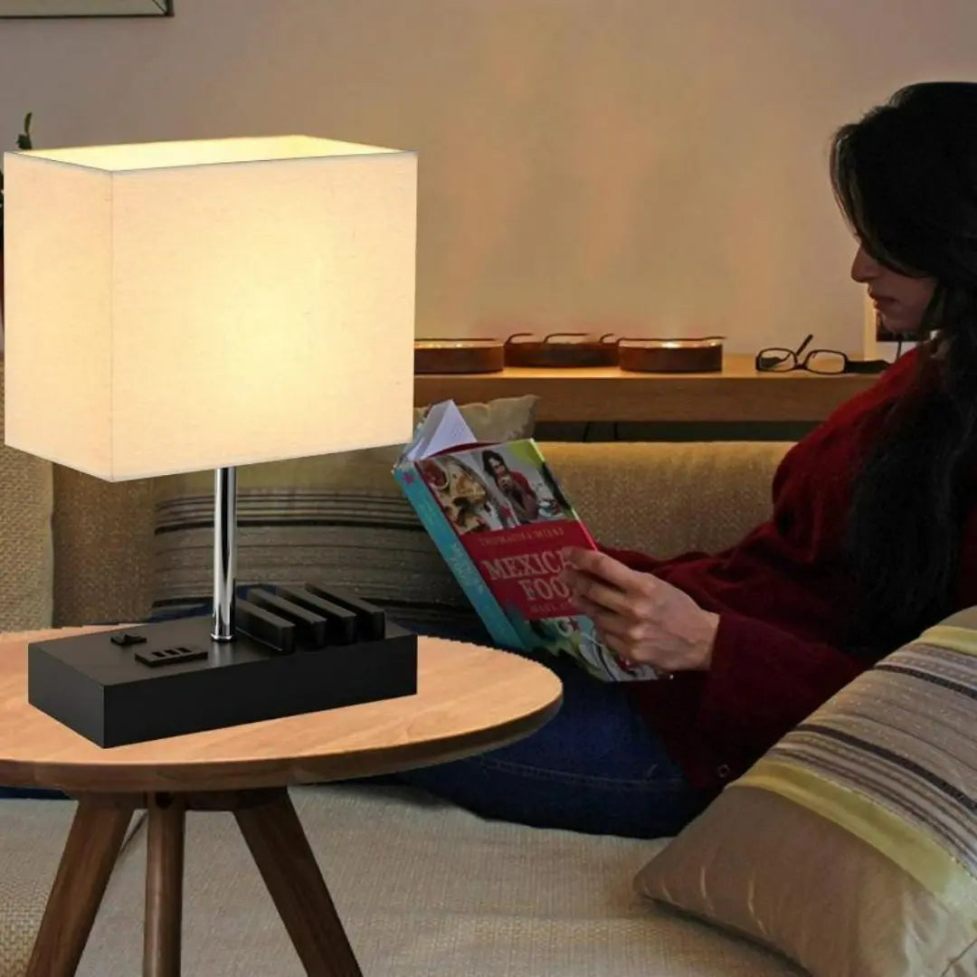 USB Desk Lamp - 3 USB Ports and Charging Dock with Wood Base and Linen Shade