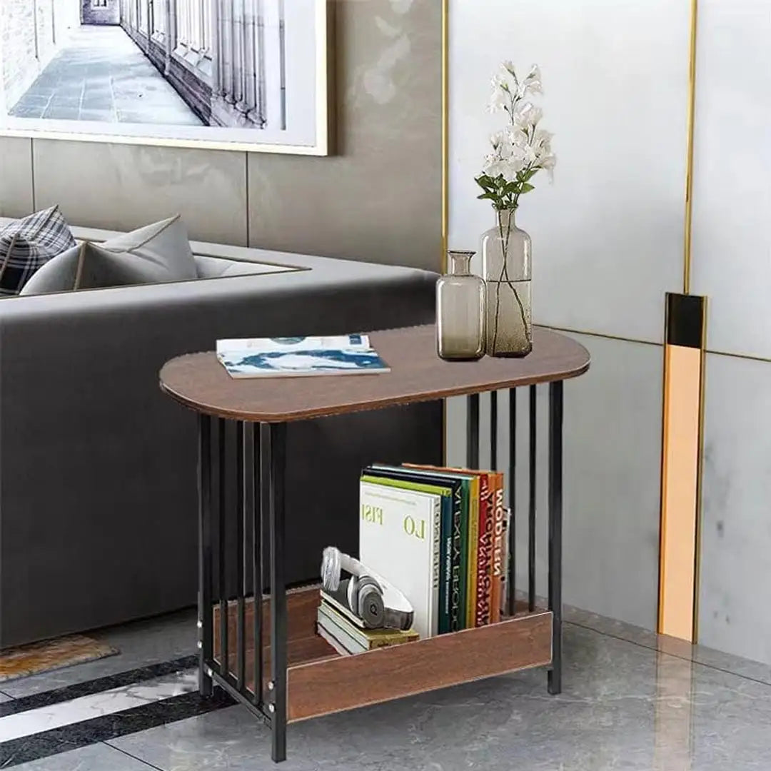 Oval End Table with Storage - Slim Wooden Side Table with Metal Frame