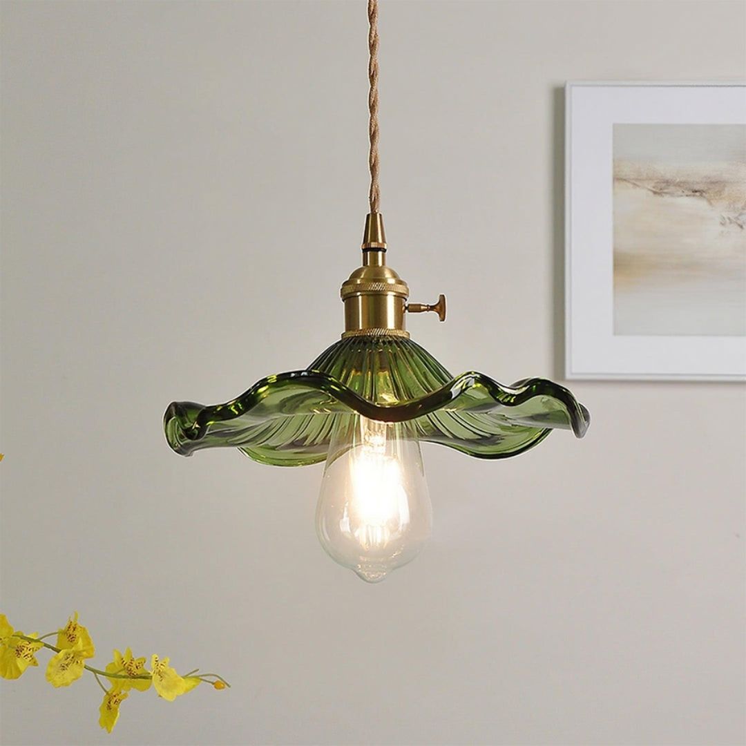 Hibiscus Bloom Glass Pendant - Vintage Floral Ceiling Light in Brass Finish