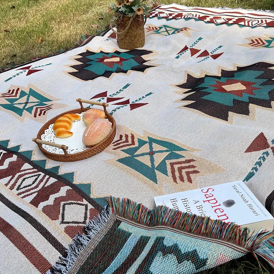 Modern Bohemian Blanket - Reversible Tribal Print Throw with Fringes