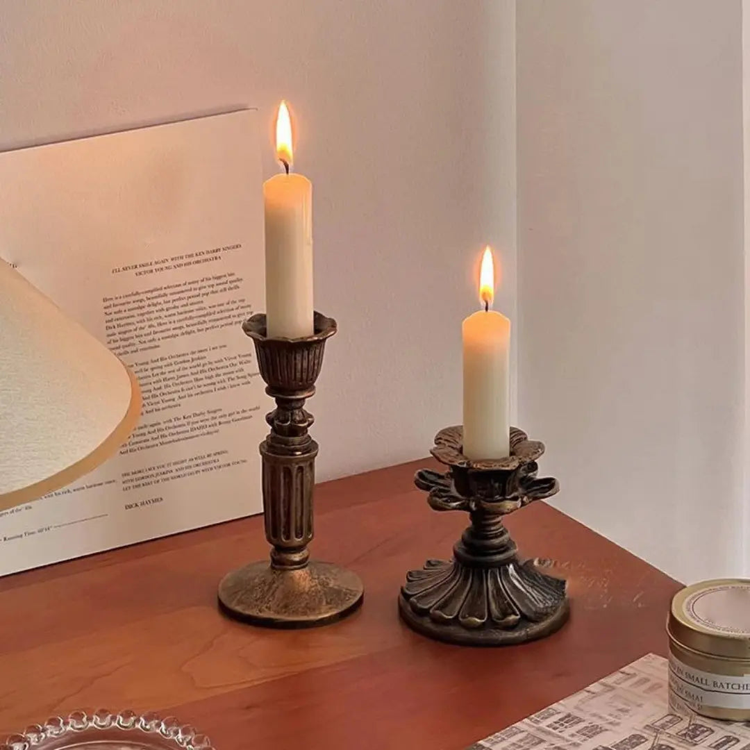 Set of 3 Pcs Vintage Resin Candlestick Holders - Antique Bronze Taper Candle Stands