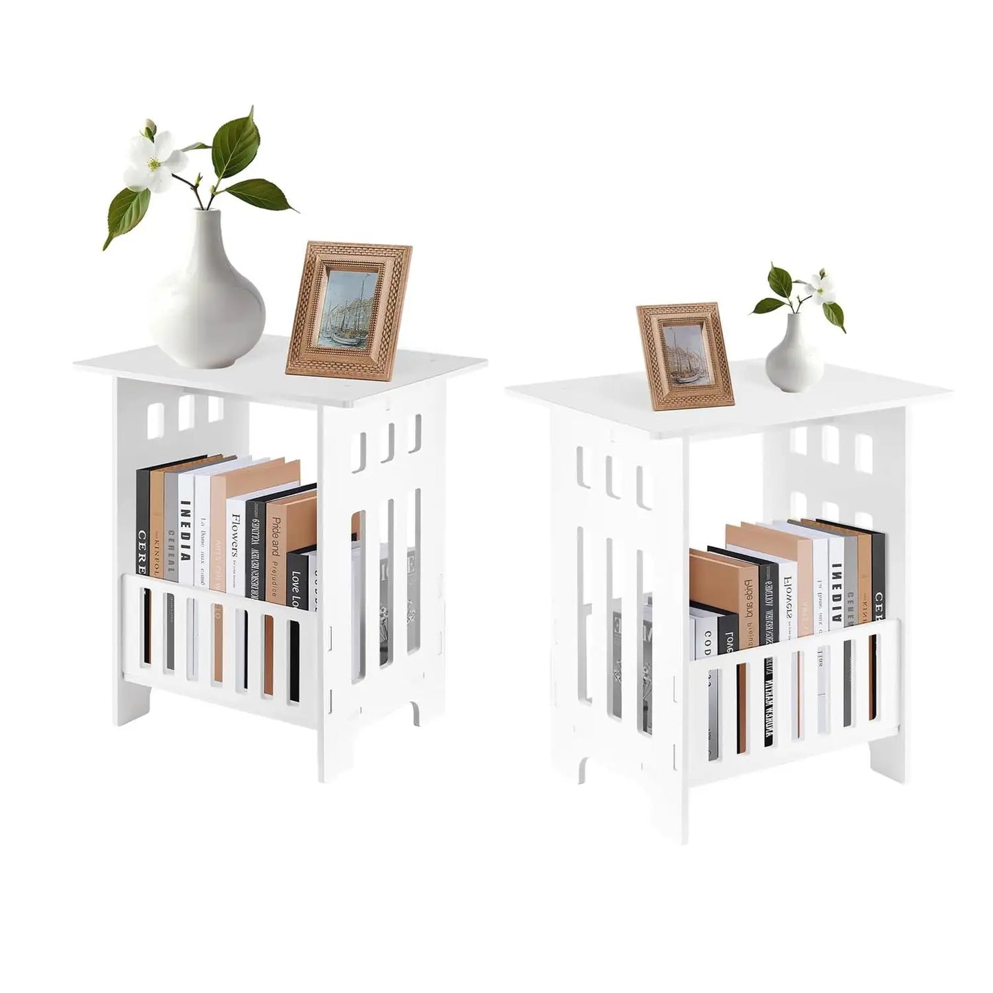 Multifunctional White Side Table - Small Coffee, Bedside & End Table with Storage Rack