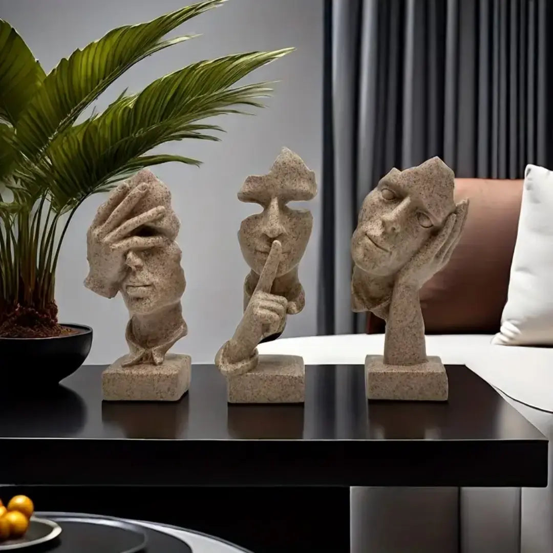 Set of 3 Silence Is Thinker Statues - Modern Resin Sculptures