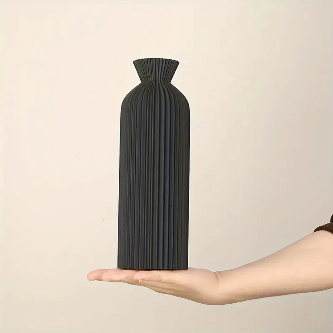 Set of 4 Modern Ribbed Plastic Vases - Black & Beige Decorative Vases