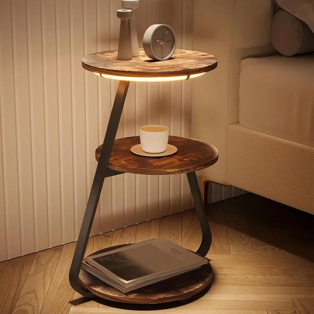 Round Side Table with 3 Tier Storage & 3 Color LED Lights