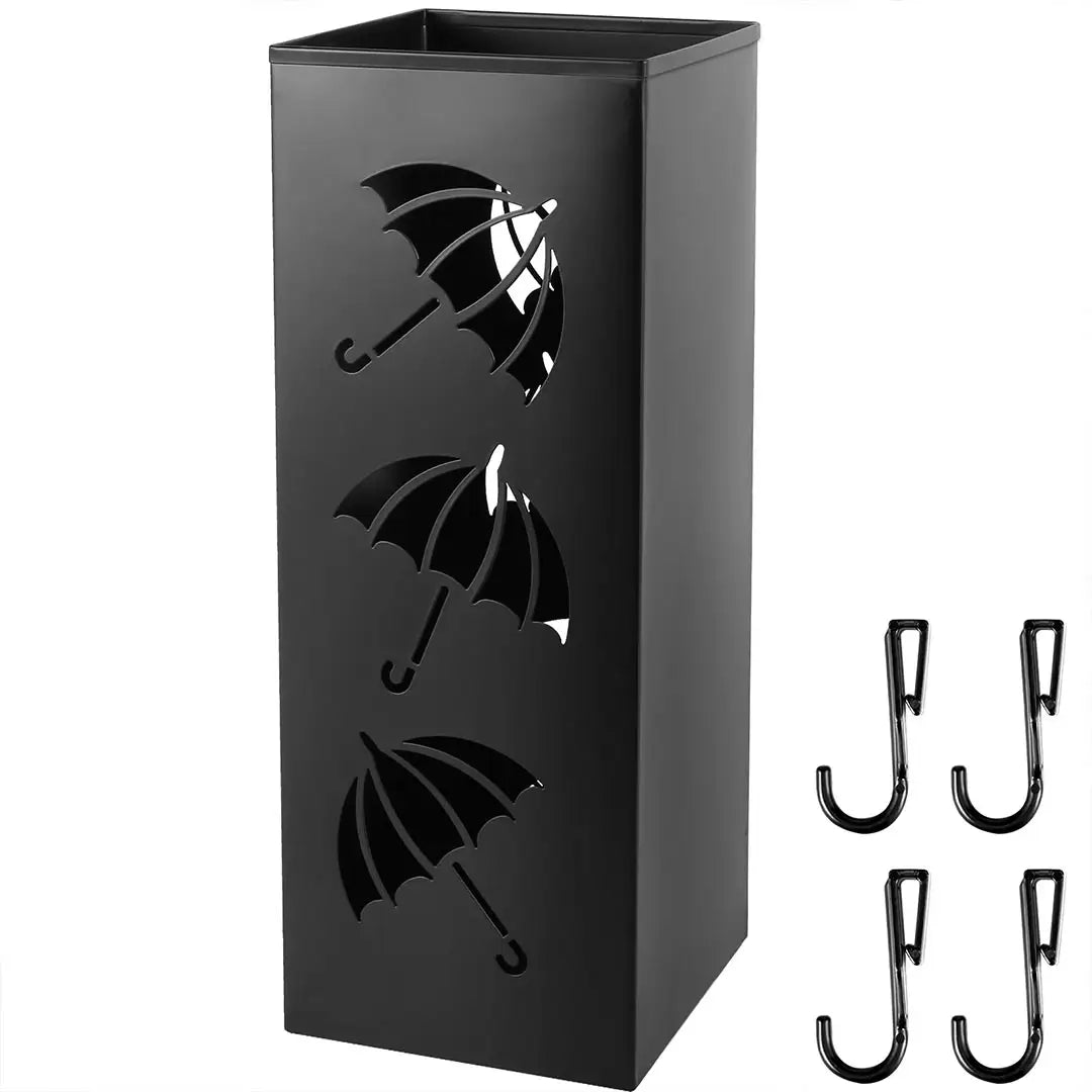 Metal Umbrella Holder Stand - Waterproof Organizer with 4 Hanging Hooks