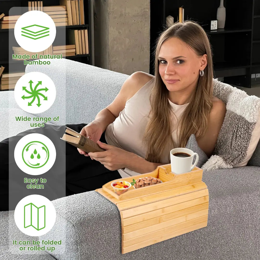 Couch Cup Holder Bamboo Wood Sofa Armrest Tray - Foldable and Anti-Slip