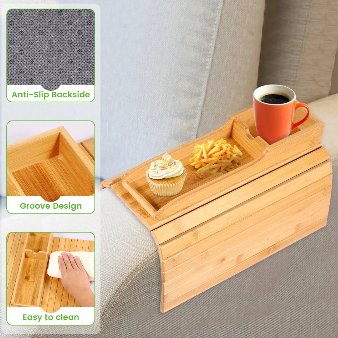 Couch Cup Holder Bamboo Wood Sofa Armrest Tray - Foldable and Anti-Slip