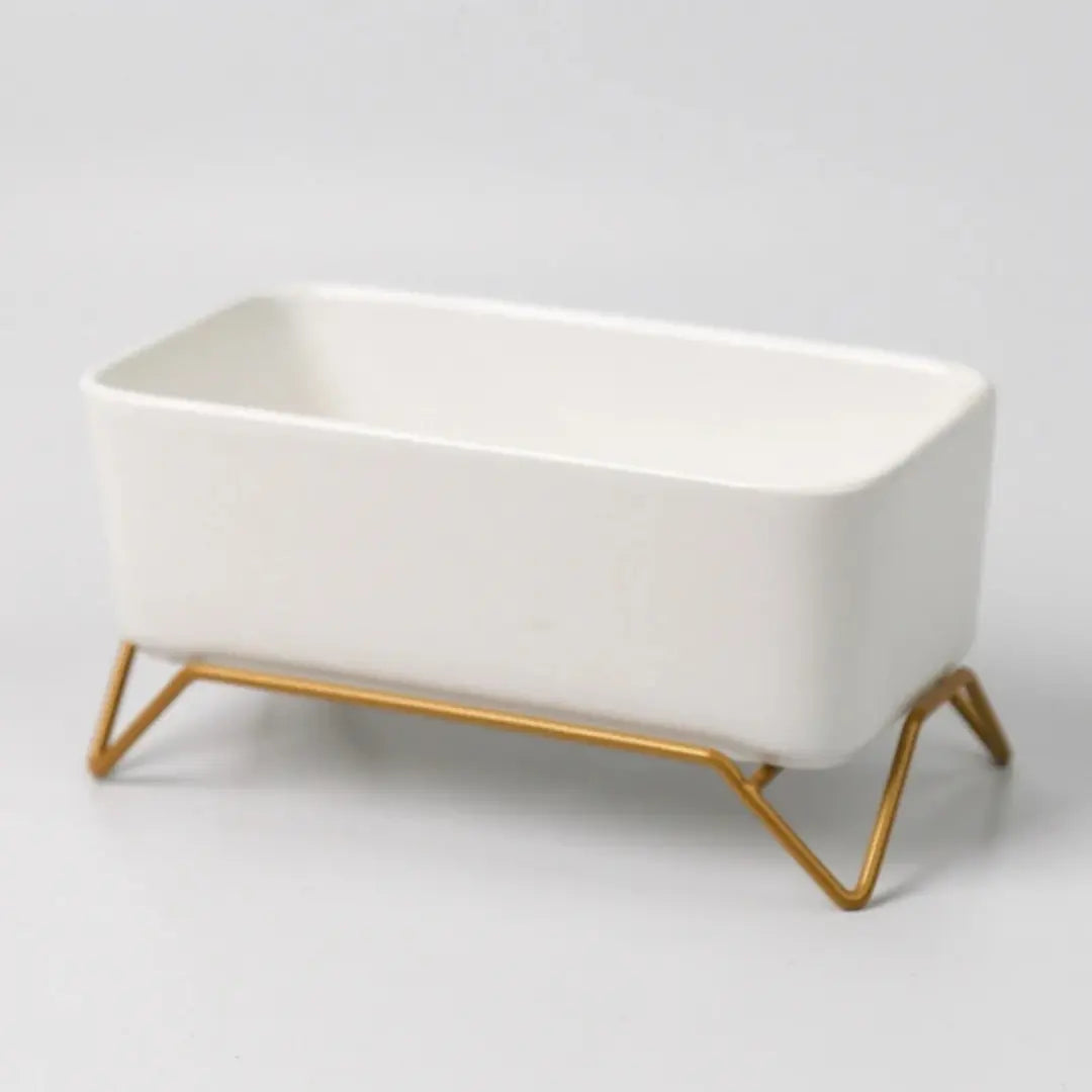 Small White Ceramic Succulent Planter with Gold Metal Stand