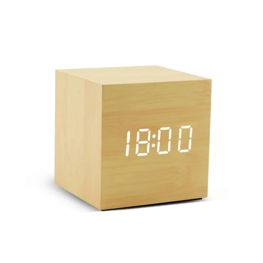 Cube Wooden LED Alarm Clock - Minimalist Digital Timepiece with Voice Control