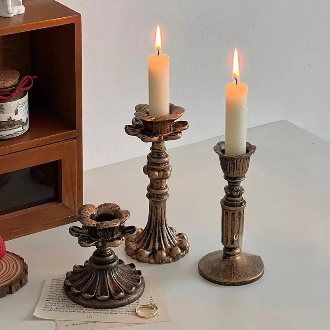 Set of 3 Pcs Vintage Resin Candlestick Holders - Antique Bronze Taper Candle Stands