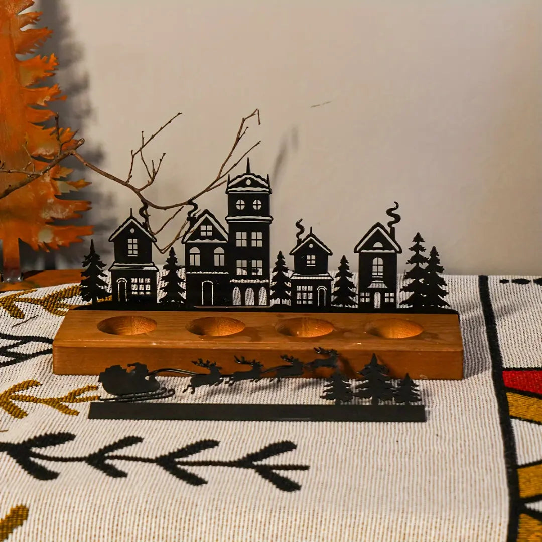 Christmas Tealight Candle Holder - Wooden Base and Metal House Design