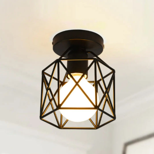 Zeyra Black Vintage Flush Ceiling Light - Industrial Metal Cage Fixture with E27 Socket