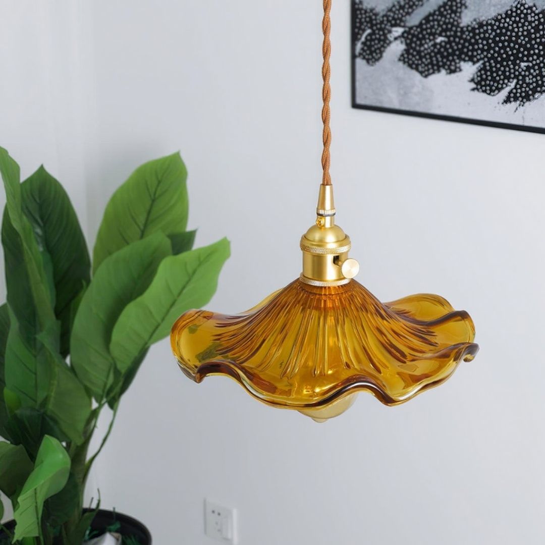 Hibiscus Bloom Glass Pendant - Vintage Floral Ceiling Light in Brass Finish