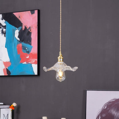 Hibiscus Bloom Glass Pendant - Vintage Floral Ceiling Light in Brass Finish