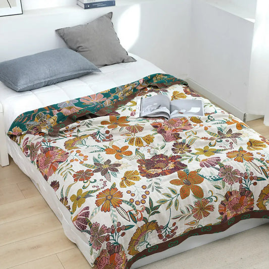 Calora Bohemian Cotton Gauze Quilt - Reversible Lightweight Floral Bedspread