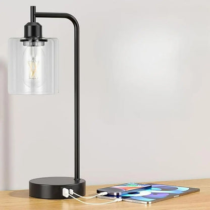 Industrial Glass Bedside Lamps - 3-Way Touch Dimming and USB A+C Charging