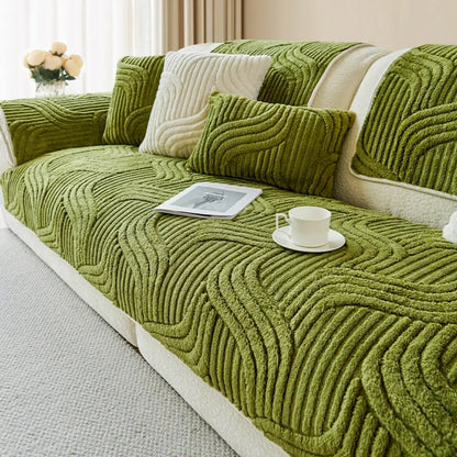 Solari Bohemian Non-Slip Plush Sofa Cover - Chenille Furniture Protector with Wave Texture