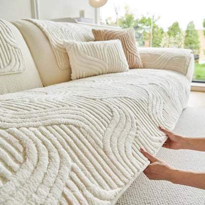 Solari Bohemian Non-Slip Plush Sofa Cover - Chenille Furniture Protector with Wave Texture