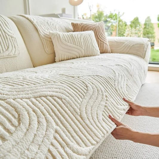 Solari Bohemian Non-Slip Plush Sofa Cover - Chenille Furniture Protector with Wave Texture