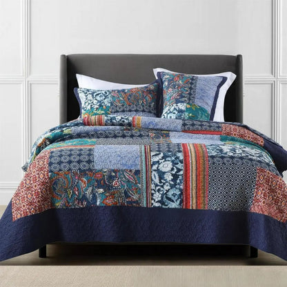 Avenia Bohemian Patchwork Bedspread Coverlet Set - Navy Blue Cotton Quilt with Floral Plaid Design