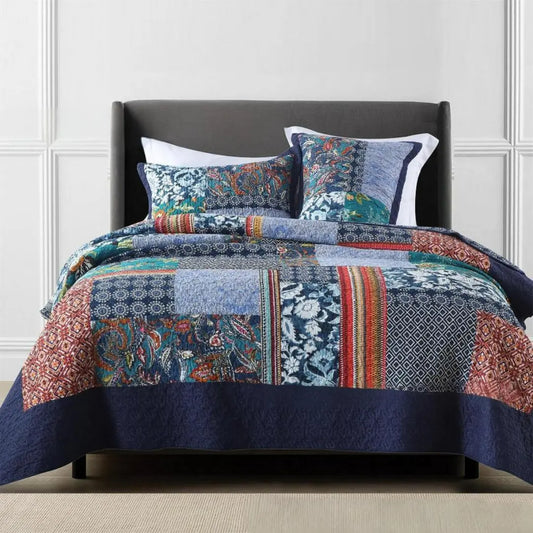 Avenia Bohemian Patchwork Bedspread Coverlet Set - Navy Blue Cotton Quilt with Floral Plaid Design