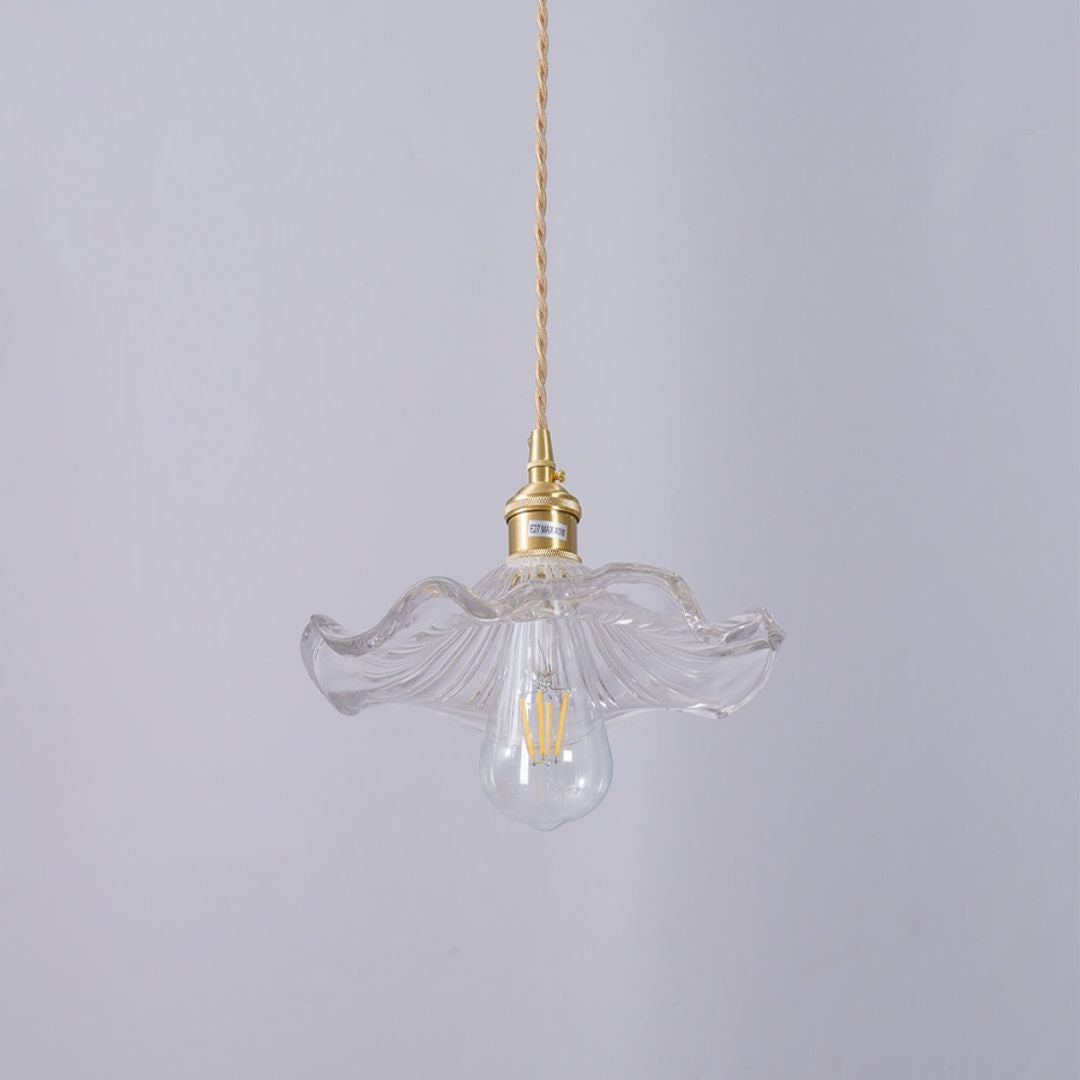 Hibiscus Bloom Glass Pendant - Vintage Floral Ceiling Light in Brass Finish