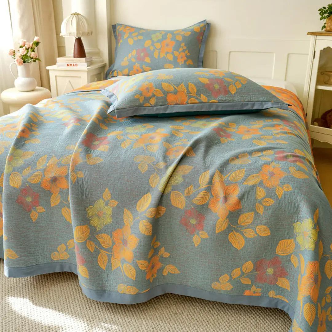 Zeyra Boho Breathable Cotton Gauze Quilt - 3-Layer Reversible Floral and Geometric Blanket