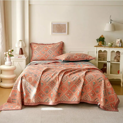 Zeyra Boho Breathable Cotton Gauze Quilt - 3-Layer Reversible Floral and Geometric Blanket