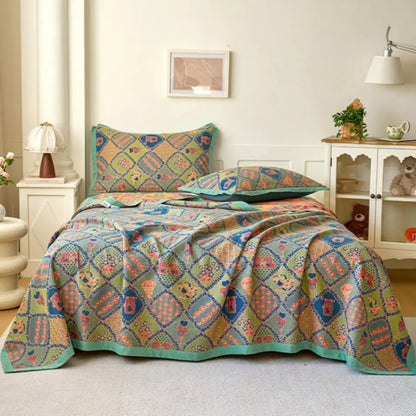 Zeyra Boho Breathable Cotton Gauze Quilt - 3-Layer Reversible Floral and Geometric Blanket