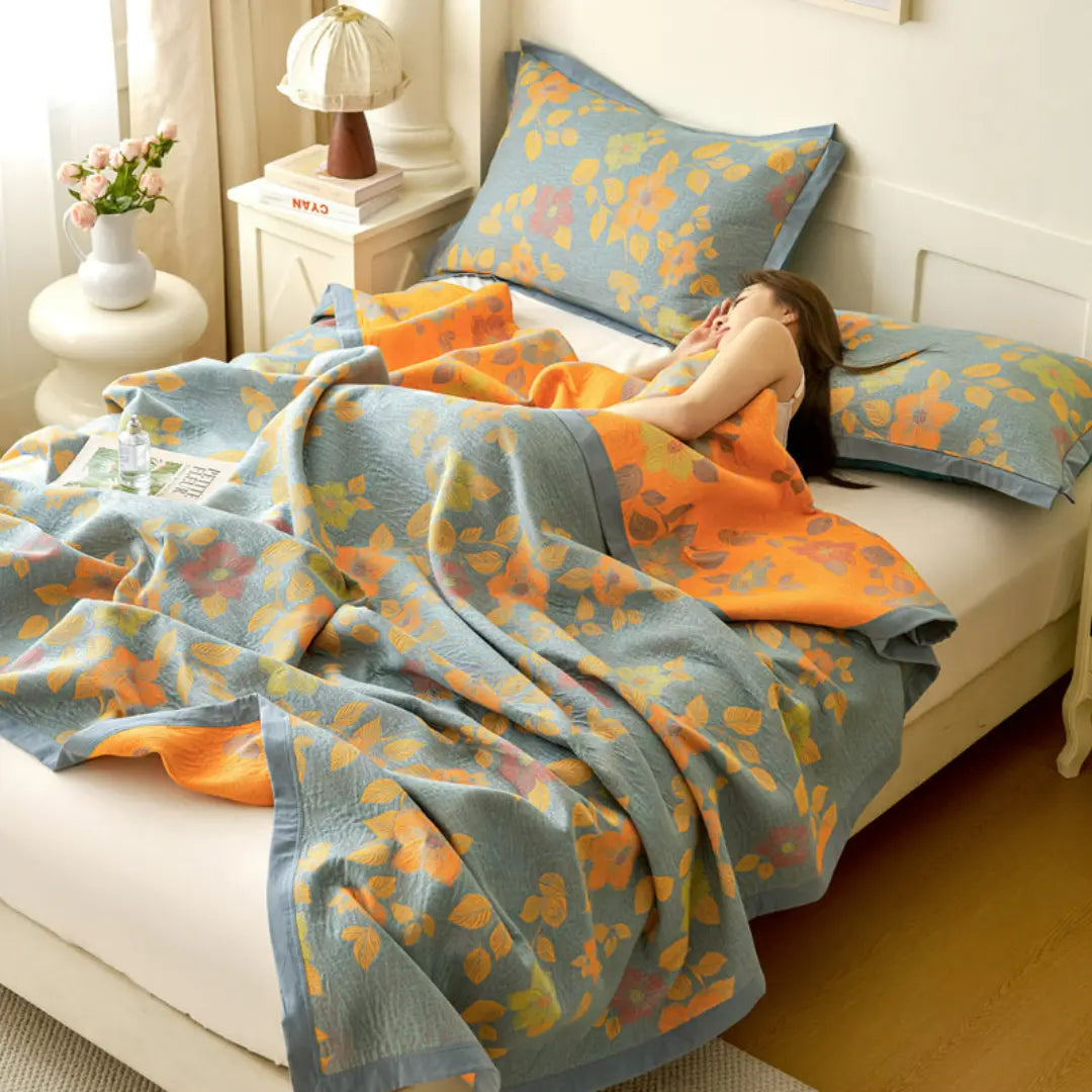 Zeyra Boho Breathable Cotton Gauze Quilt - 3-Layer Reversible Floral and Geometric Blanket