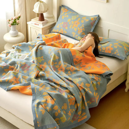 Zeyra Boho Breathable Cotton Gauze Quilt - 3-Layer Reversible Floral and Geometric Blanket
