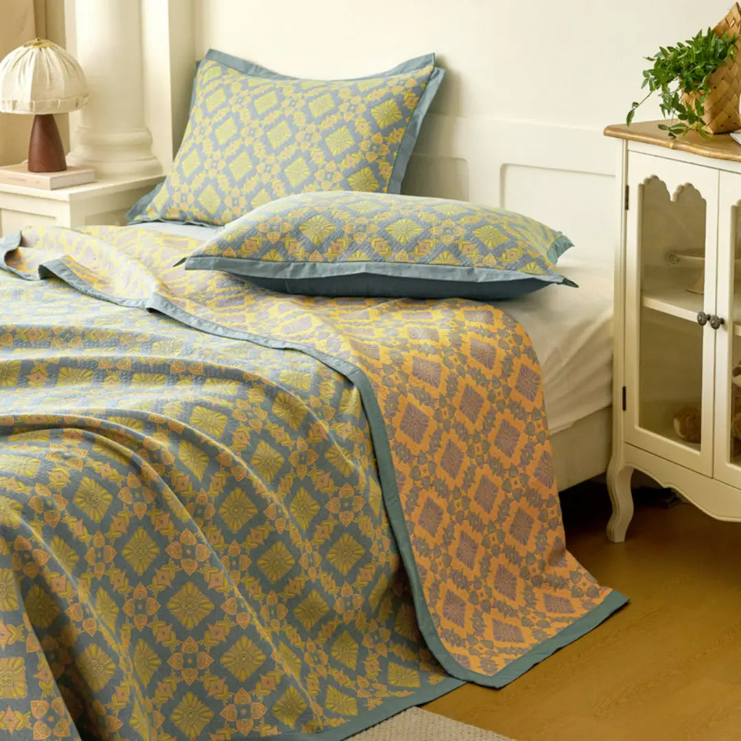 Zeyra Boho Breathable Cotton Gauze Quilt - 3-Layer Reversible Floral and Geometric Blanket