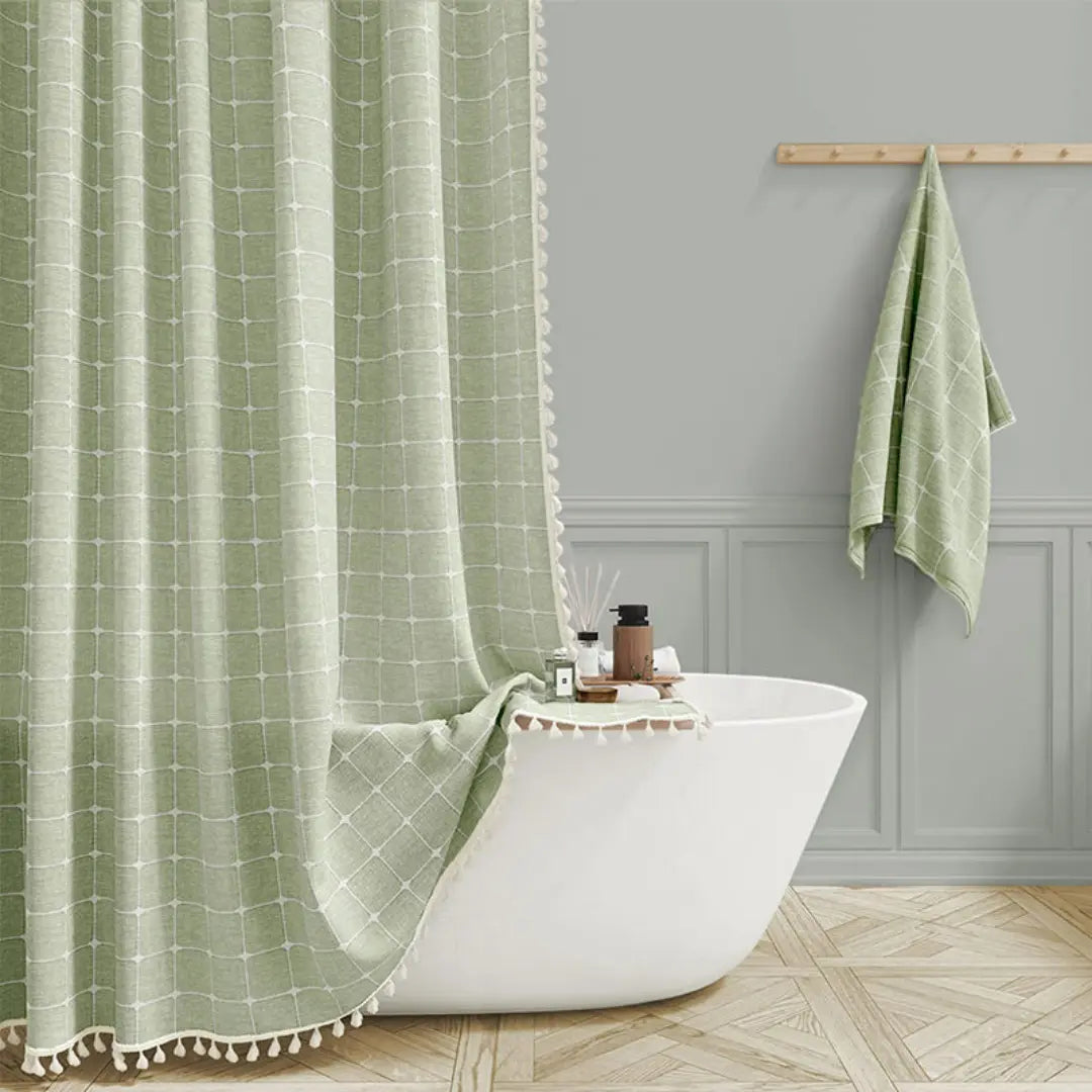 Liora Boho Farmhouse Shower Curtain - Linen Fabric with Tassels and Waterproof Coating