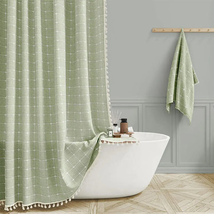 Liora Boho Farmhouse Shower Curtain - Linen Fabric with Tassels and Waterproof Coating