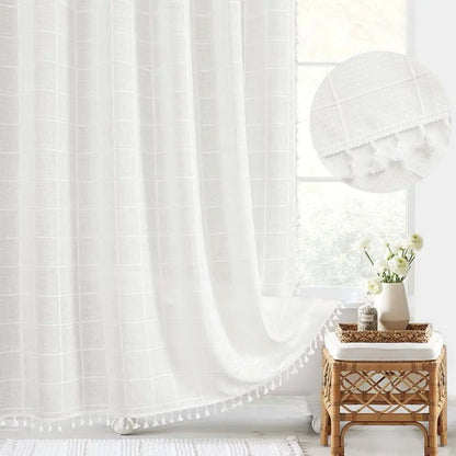 Liora Boho Farmhouse Shower Curtain - Linen Fabric with Tassels and Waterproof Coating