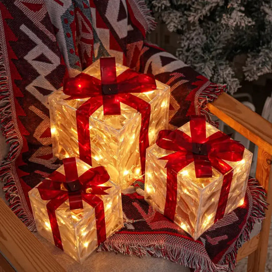 Lumora Lighted Christmas Gift Boxes - Transparent Warm White LED Present Decorations with Red Bows