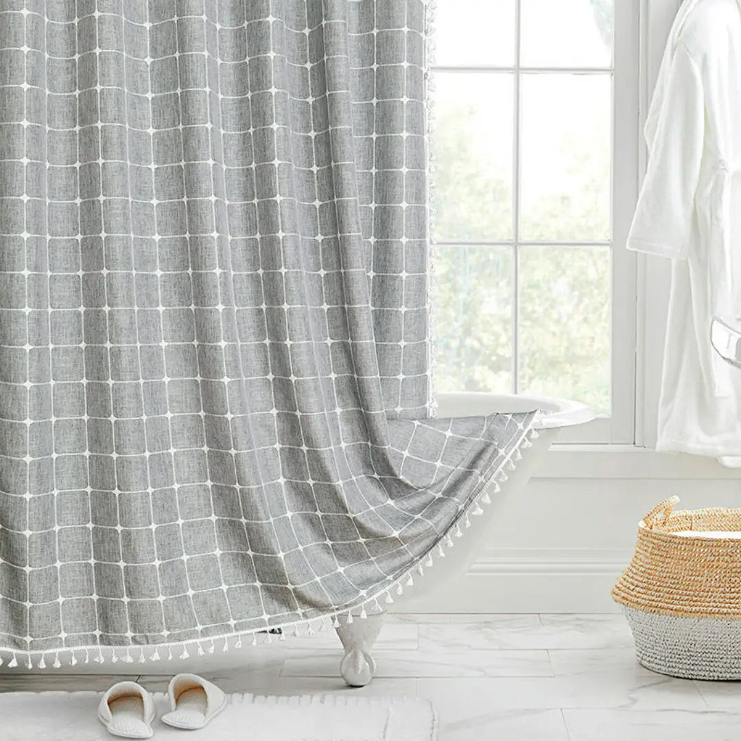 Liora Boho Farmhouse Shower Curtain - Linen Fabric with Tassels and Waterproof Coating