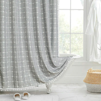 Liora Boho Farmhouse Shower Curtain - Linen Fabric with Tassels and Waterproof Coating