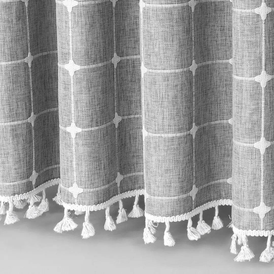 Liora Boho Farmhouse Shower Curtain - Linen Fabric with Tassels and Waterproof Coating